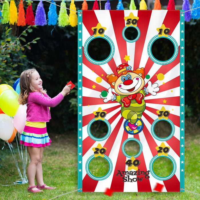 Retros Market Carnival Toss Game Banner with 3 Bean Bags Carnival Game for Kids and Adults in Indoor Outdoor Activities Circus Theme Birthday Party Decoration Supply Set