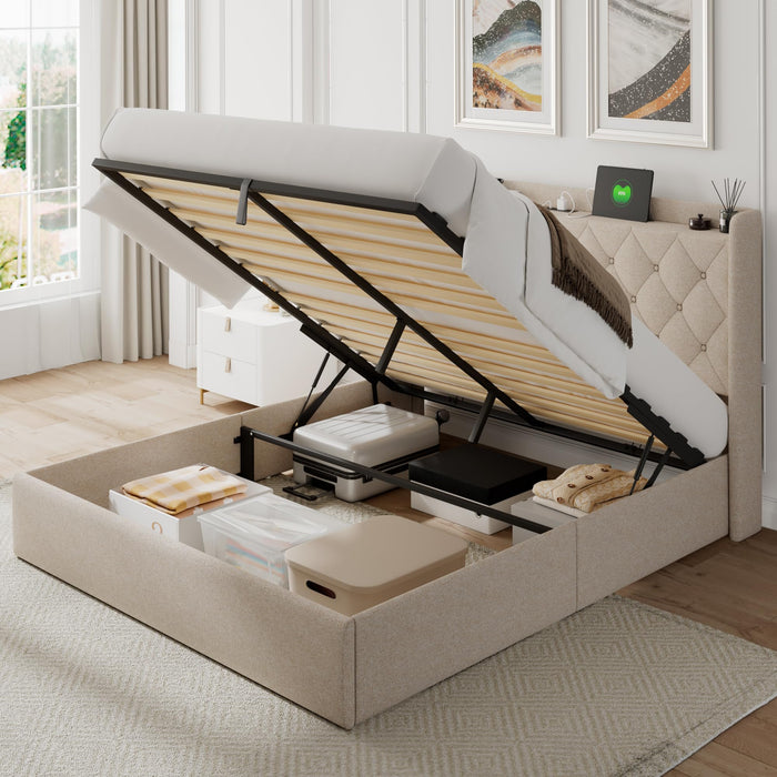 Feonase Queen Bed Frame with Storage & Charging Station - Hydraulic Lift Up Platform Bed, Upholstered Button Tufted Headboard, Sturdy Wooden Slats, Noise-Free, No Box Spring Needed,Beige