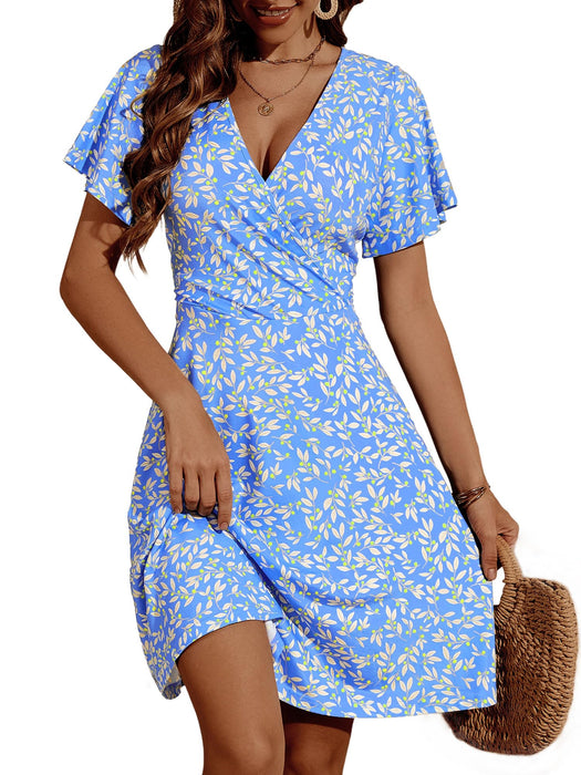 FENSACE Floral Dress Empire Waist Skater Tummy Control Summer Clothes for Women(Blue White Leaves-69,Medium)