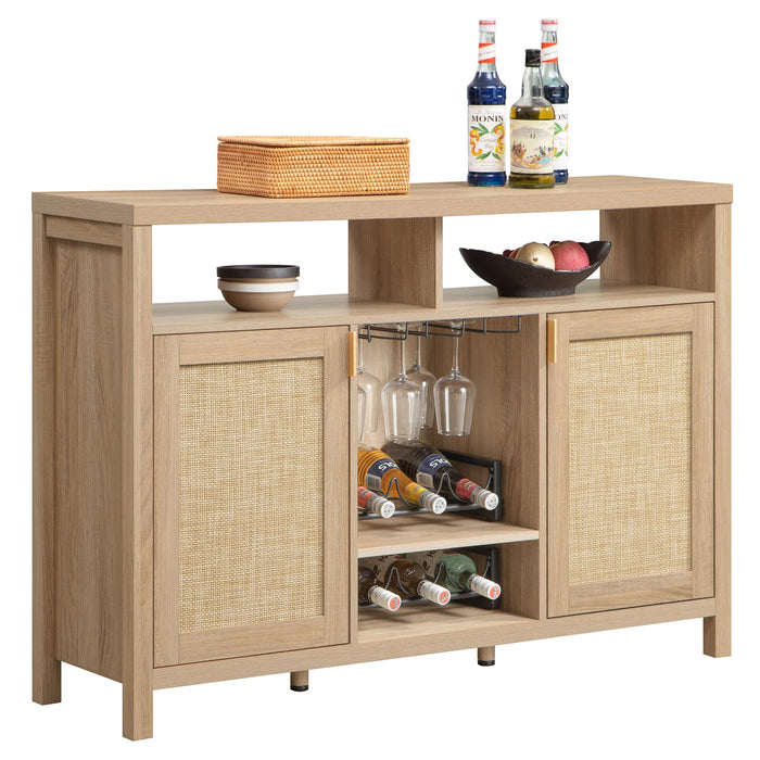 SICOTAS Rattan Coffee Bar Cabinet, 51" Sideboard Buffet Cabinet with Storage, Farmhouse Liquor Wine Cabinet with Wine Racks Credenza Console Buffet Table for Kitchen Living Dining Room Entryway