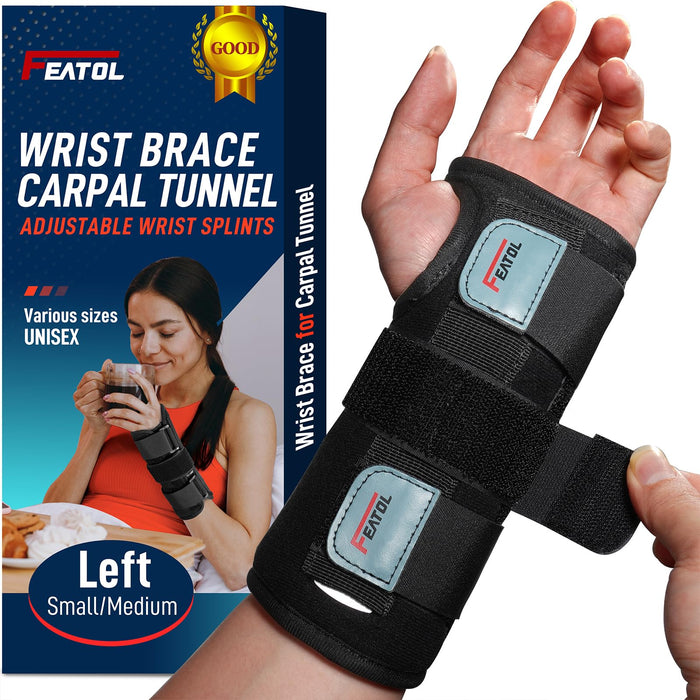 FEATOL Wrist Brace, FSA HSA Eligible Hand Brace, Carpal Tunnel Wrist Splint Night Support for Women Men, Pain Relief Support -Tendonitis, Arthritis, Sprain, Left Hand, Small/Medium