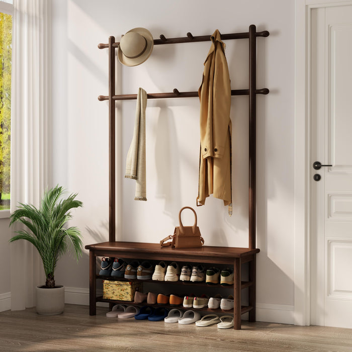 AQIMUELE Hall Tree, Coat Rack with Shoe Storage, Wooden Hall Tree with Bench, 11 Hooks and 2-Tier Storage Shelves, Entryway Bench with Coat Rack (39.3" - Deep Walnut)