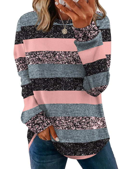 WIHOLL Womens Tops Long Sleeve Casual Crewneck Christmas Sweaters Plus Size Fashion Clothes Blouses Winter Clothing Pink Stripe XL