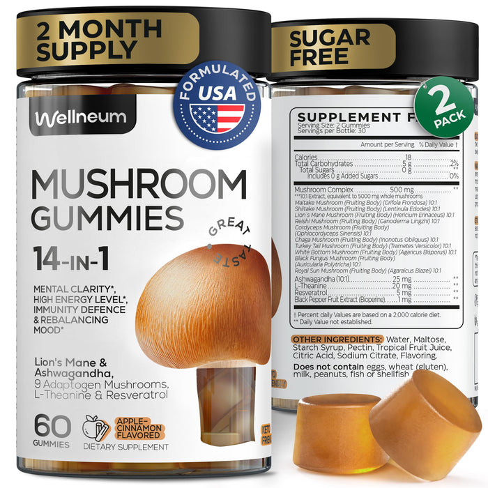 Mushroom Gummies 5000 Mg - Lion's Mane and 9 Adaptogenic Mushrooms Blend - Ashwagandha, L-Theanine - Mushroom Gummies for Energy, Immunity, Focus, Brain Boost - No Sugar and GMO - 120 pcs (Pack of 2)