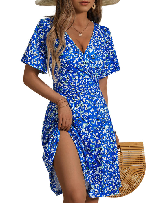 FENSACE Womens Dresses Casual Short Sleeve V Neck Swing Women Summer Outfits(Blue White Leopard-51,Small)