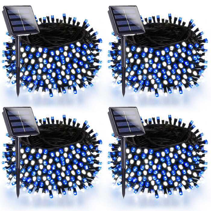 4 Pack 180FT Solar Christmas Lights Outdoor Waterproof, Super Bright 320 LED Solar String Lights with 8 Lighting Modes, Green Wire Twinkle Tree Light for Outside Xmas Party Decorations(Blue and White)