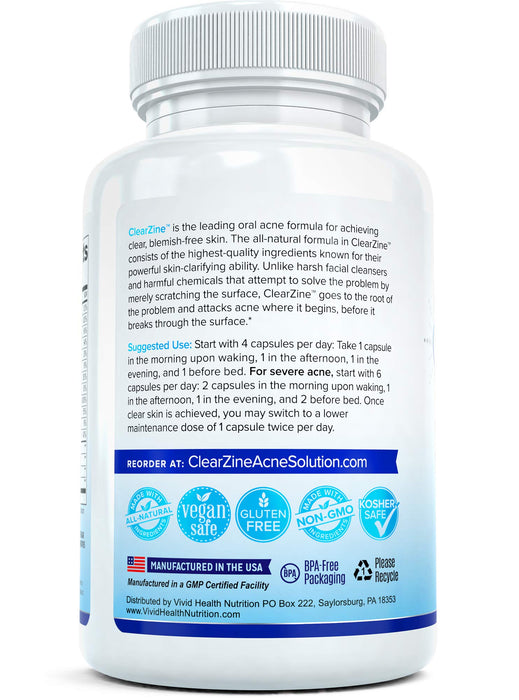 ClearZine Acne Pills for Teens & Adults (2 Bottles) | Clear Skin Supplement, Vitamins for Hormonal & Cystic Acne, 90 Caps Each