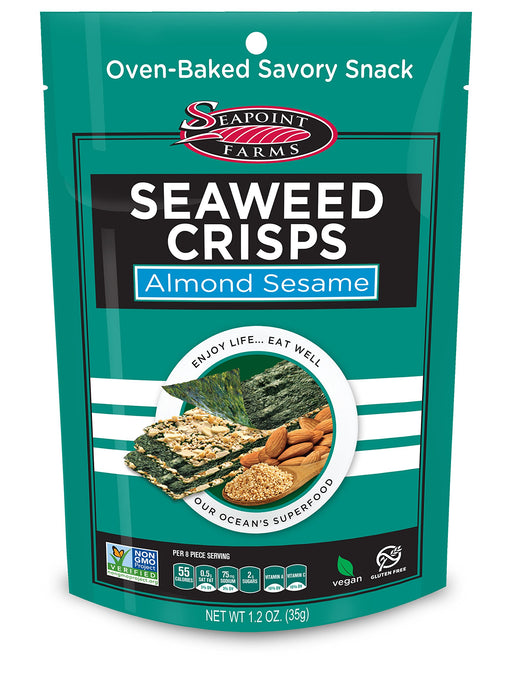 Seapoint Farms Seaweed Crisps, Almond Sesame, Vegan, Gluten-Free, Kosher, and Non-GMO, Healthy Snack, 1.2 oz. Bag, (Pack of 12)