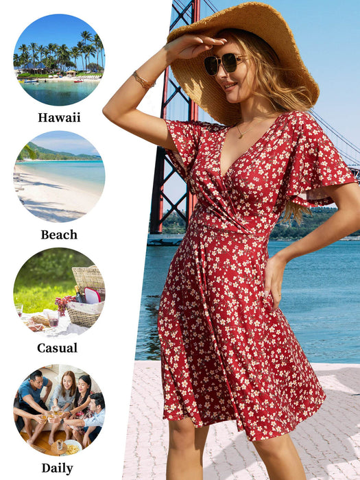 FENSACE Womens Summer Dresses Wrap V Neck Short Sleeve A Line Knee Length Dress(Floral-15,X-Large)