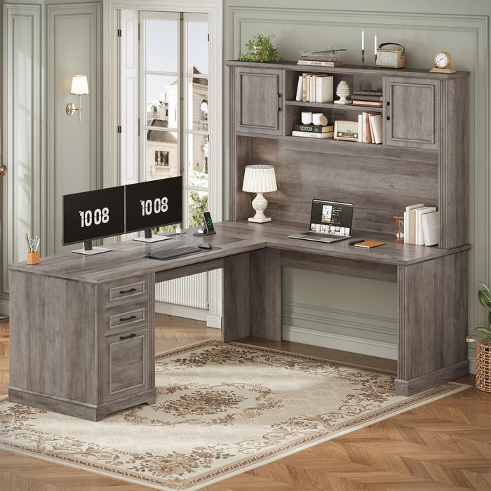SEDETA Farmhouse L Shaped Desk with Hutch and 3 Drawers, 68.9" Executive Office Desk with File Drawer and Power Outlet, Corner Computer Desk with Storage Shelves for Home Office (Grey)