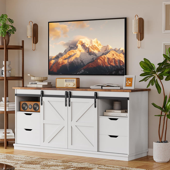 YESHOMY TV Stand for Televisions up to 65 Inchs, with Sliding Barn Doors and 4 Storage Drawers, Console Table and Media Furniture for Living Room, 58 Inch, Milk White