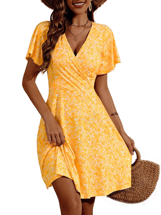 FENSACE Spring Clothes for Women 2025 Summer Short Sleeve Cute Easter Dresses(Yellow White Floral-70,Large)