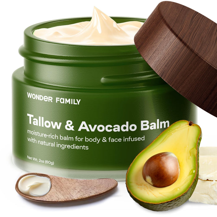 WONDER FAMILY Grass Fed Beef Tallow for Skin and Face with Avocado Oil - Dry Skin Moisturizer for Men & Women - Beef Tallow Balm for Face, 1 Wooden Spatula & Bag
