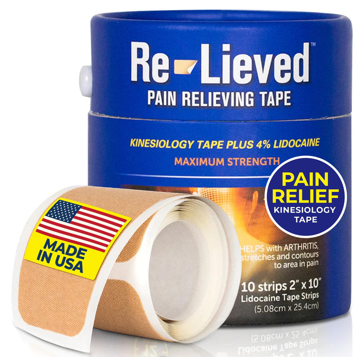4% Lidocaine Maximum Strength Pain Relief Kinesiology Tape - Relieves Back, Joints and Muscle Pains - Superior Sticking, Aluminum-Free Water Resistant, and USA Made - 2" x 10" Strips