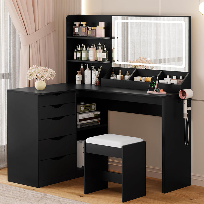 YESHOMY Vanity Desk with Lights and Mirror, L Shaped Makeup Table, Dresser with Hairdryer Holder and Power Outlet, Adjustable 3 Lighting Modes, 5 Drawers and Adjustabled Open Storage Shelves, Black