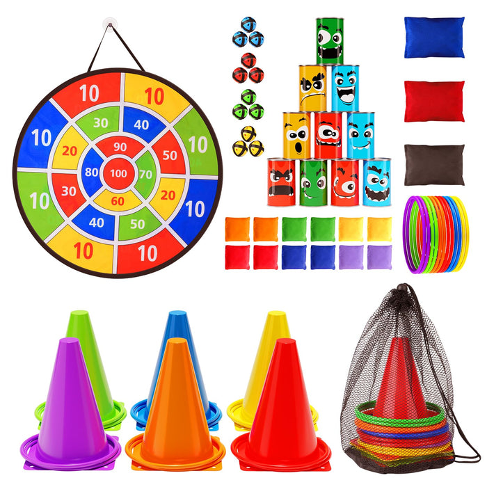 Retros Market Carnival Games Combo Set, Dart Board Games Knock Down Can Games Bean Bag Toss Game Party Games Indoor Outdoor Birthday Party Games Fall Festival Field Day Games For Kids Adults Yard Games 58PCS