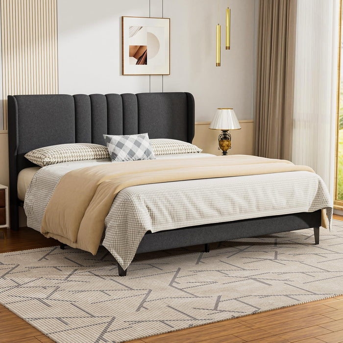 GTRACING Queen Size Bed Frame, Upholstered Platform Bed Frame with Tall Headboard Wingback, Soft Line Fabric, No Box Spring Needed, Easy Assembly, Dark Grey