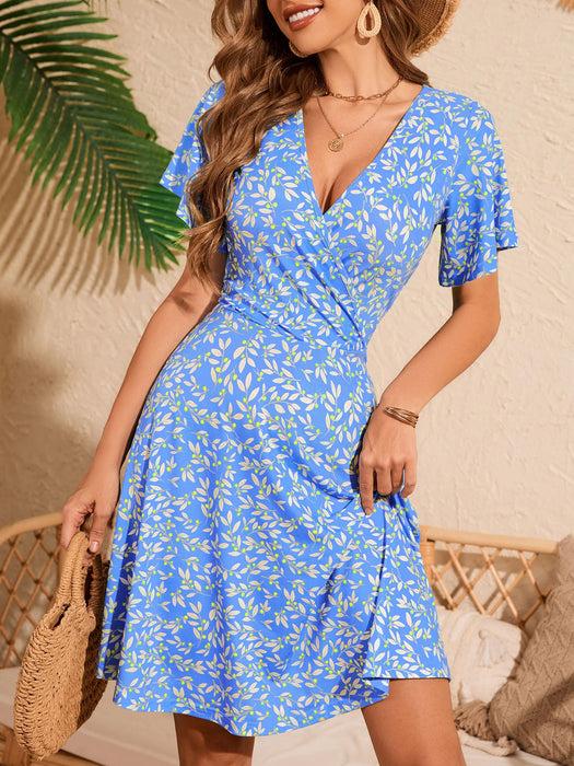 FENSACE Floral Dress Empire Waist Skater Tummy Control Summer Clothes for Women(Blue White Leaves-69,Medium)