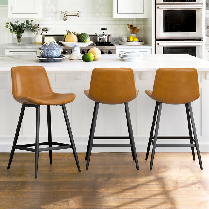 Cozyman 24 inch Counter Stool, Modern Bucket Barstool Set of 3, Barstools with Back and Footrest, Faux Leather Bar Stools for Kitchen Island Restaurants, Whiskey Brown