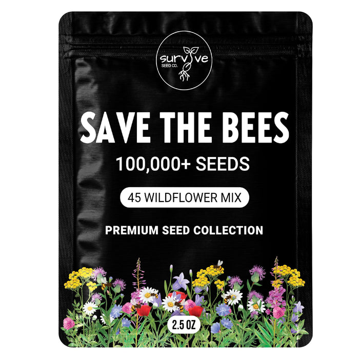 Survive Seed Co. Package of 100,000 Wildflower Seeds - Save The Bees Wild Flower Seeds Collection - 45 Varieties of Pure Non-GMO Flower Seeds for Planting Including Milkweed, Poppy, and Lupine