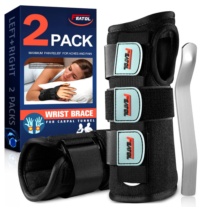 FEATOL Carpal Tunnel Wrist Brace Night Support 2 Pack - Wrist Splint for Pain Relief Tendonitis, Sprained, Arthritis - Metal Splint Stabilizer With Hand Brace -FOR Sleeping Women Men -Right&Left(L/XL)