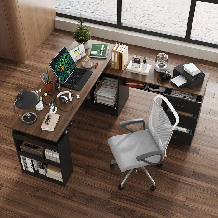 MOUMON Electric Standing Desk with Drawers and Shelves, Executive Adjustable Height Desk, L-Shaped Design, 63 inch Tabletop, for Office Deep Brown and Black (63”W x 63”D x 28.9-45.3”H)