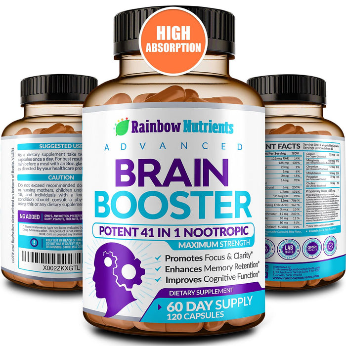 40-in-1 Brain Booster Supplements for Memory, Focus, Clarity, Energy, Performance | Natural Nootropic Brain Support Supplement with DMAE, Bacopa Monnieri & More | for Men & Women | 120 V Capsules