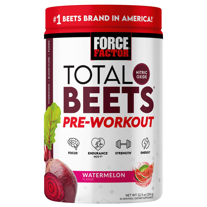 FORCE FACTOR Total Beets Pre-Workout Powder to Boost Energy & Endurance, Increase Strength, and Improve Blood Flow and Pumps, Nitric Oxide Supplement with Beet Root Powder, Watermelon, 30 Servings