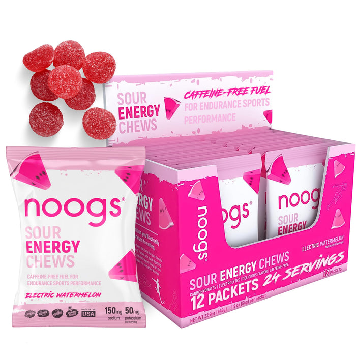 Noogs Sour Energy Chews, Electric Watermelon, Electrolyte Energy Gummies, Sour Candy Flavored Alternative to Running Gels, Vegan, Gluten Free & Caffeine Free, 12 Pack