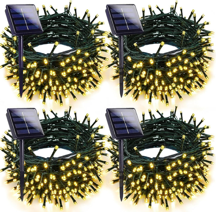 4-pack Solar Christmas Lights Outdoor Waterproof, 400LED 132FT Solar String Light with 8 Lighting Modes, Solar Tree Lights Green Wire for Xmas Tree Party Wedding Garden Fence Decoration (Warm White)