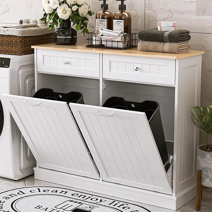 AHB Double Tilt Out Trash Can Cabinet Hidden Kitchen Trash Can, 2x13 Gallons Freestanding Recycling Cabinet with Hideaway Drawers Pet Proof Trash Can for Kitchen Living Room, White