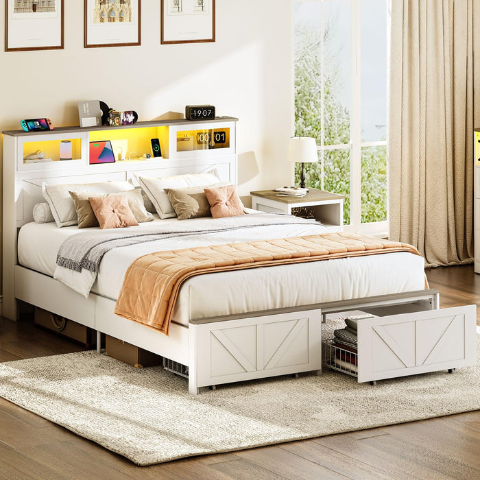 Yoobure Queen Bed Frame with Headboard, Bed Frame Queen Size with Charging Station, LED Beds with 2 Storage Drawers, Wood Farmhouse Bedframe Queen-Size, Noise-Free and No Box Spring Needed