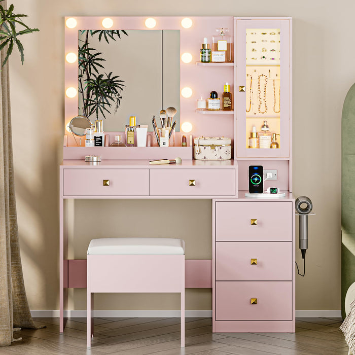 Vanity Desk with Mirror and Lights, Pink Makeup Vanity with 5 Drawers Hidden Jewelry Organizer& LED Glass Cabinet,3 Light Mode and Brightness Adjusted,Vanity Mirror with Lights Desk and Chair