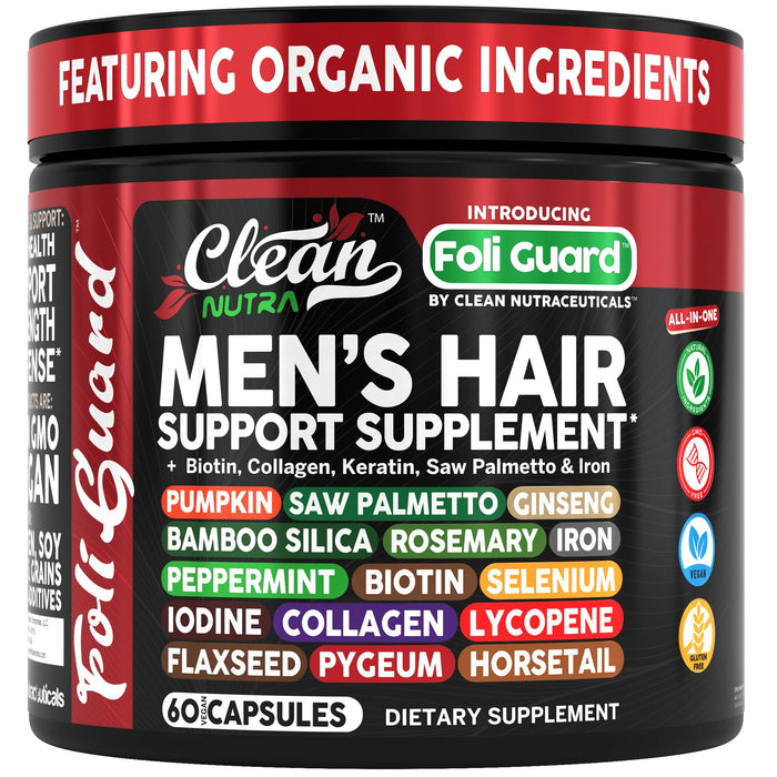 Clean Nutraceuticals Hair Growth Supplement For Men | Biotin Hair Vitamins Collagen Pumpkin Seed Saw Palmetto Iron Ginseng Bamboo Silica Rosemary Peppermint Keratin Selenium Iodine Flaxseed Horsetail Vitamin A C D3 E B12