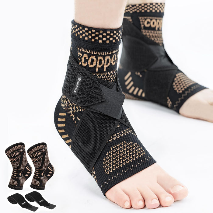 INDEEMAX Ankle Brace for Sprained Ankle Compression Sleeve, 2 Pack Copper Infused Ankle Support Brace for Women & Men, Plantar Fasciitis Relief Achilles Tendonitis, Sports Running, Copper Black, 2XL