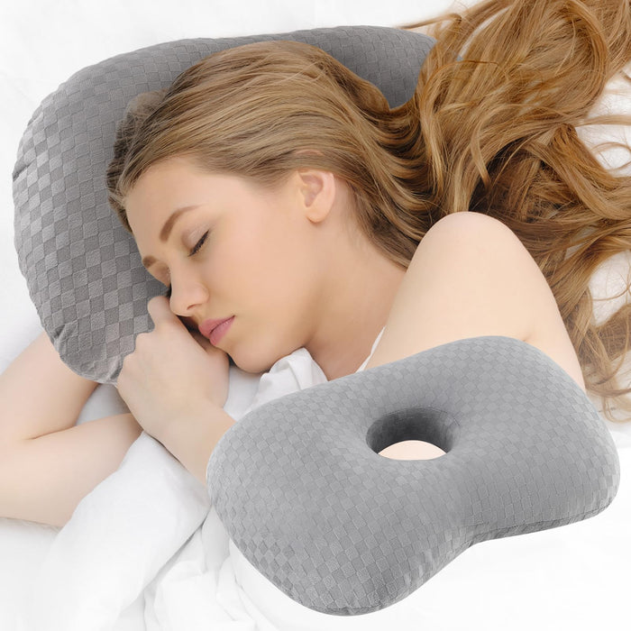 Wuronsa Ear Piercing Pillow with an Ear Hole, Cotton and Polyester Side Sleeping Pillow for CNH and Ear Pain Ear Inflammation Pressure Sores for Side Sleepers, Ear Guard Pillow (Light Grey)
