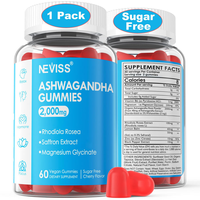 Sugar Free Ashwagandha Gummies - with Magnesium Glycinate, Rhodiola Rosea, Zinc, Lemon Balm, B6 - Relaxation Support, Natural Zzz, Stamina, Energy for Men Women - 60 Counts