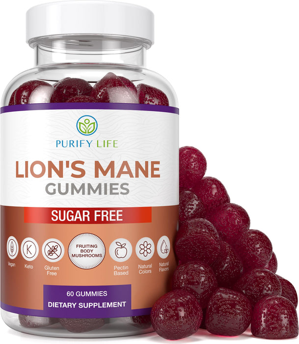Purify Life Sugar Free Lions Mane Supplement Gummies - Nootropic Supplement for Cognition, Brain Power, and Stress Response - Natural Berry Flavor - 60ct