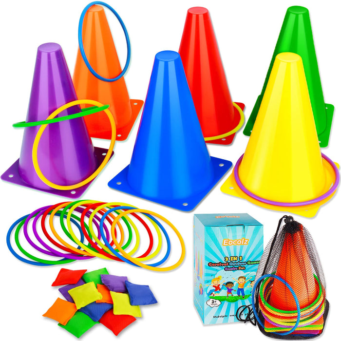 Retros Market 3 in 1 Carnival Games Set, Soft Plastic Cones Bean Bags Ring Toss Games for Kids Birthday Party Outdoor Games Supplies Combo Set