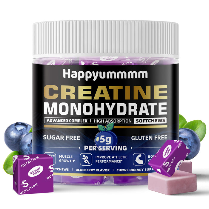 Happyummmm Creatine Monohydrate Soft Chews 5g for Men & Women, Preworkout Gummy with Electrolyte for Muscle Growth, Strength & Energy Support, Blueberry 60 pcs