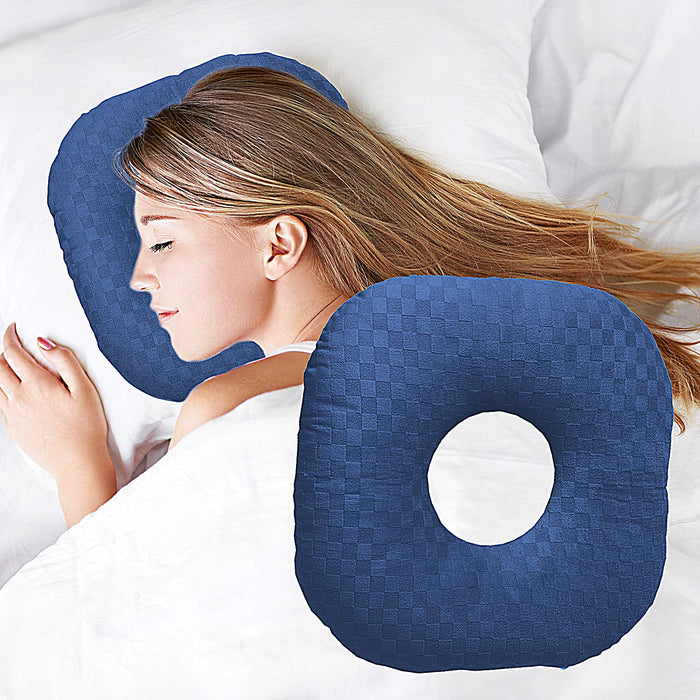 Wuronsa Ear Piercing Pillow for Side Sleepers, Pillow with an Ear Hole for CNH and Ear Pain Ear Inflammation Pressure Sores, O-Shaped Side Sleeping Pillow, Ear Guard Pillow(Dark Blue)