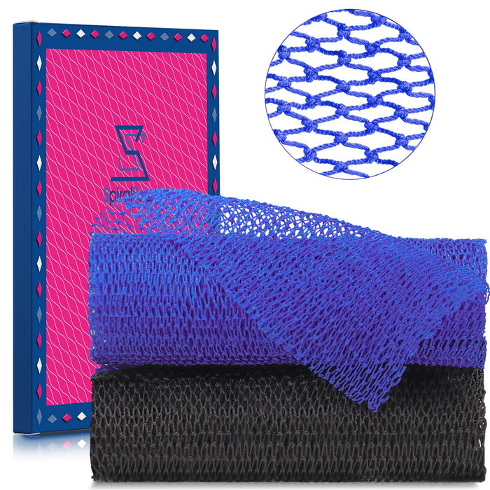 2 Pieces African Net Sponge – Real Authentic Exfoliating Bath Sponges for Silky Smooth Skin, Deep Cleansing Mesh for Full Body, Quick-Drying & Travel-Friendly（Blue Black）