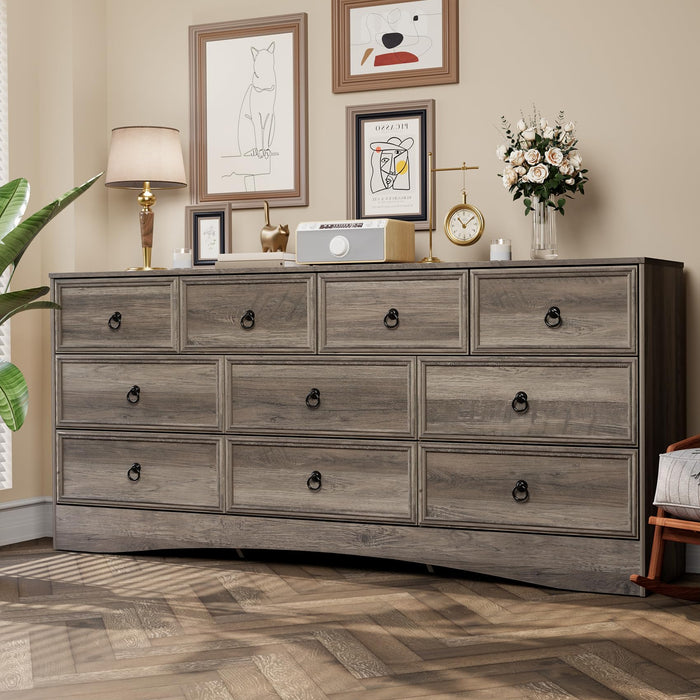 VVFLU Farmhouse 10 Drawer Dresser for Bedroom – 63'' Long Dresser Wood Chest of Drawers,TV Stand for 75 inch TV, Storage Organizer Furniture, Hallway, Entryway, Closet, Brownish Grey