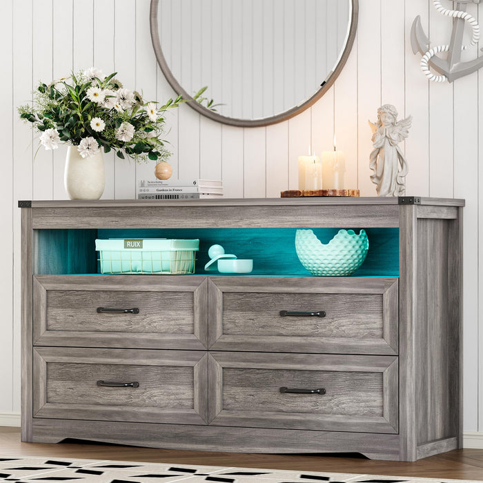 Dresser for Bedroom with 4 Drawers, Farmhouse Chest of Drawers with Natural Texture and LED Lights, Wide Wood Rustic Closet Storage Organizer, Modern Dresser TV Stand for Living Room, Entryway, Grey