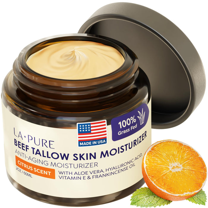 LA PURE Beef Tallow for Skin, Grass-Fed Tallow Face Cream with Hyaluronic Acid, Aloe Vera & Frankincense, Non-Greasy Anti-Aging Moisturizer, Citrus Scent, 2 oz