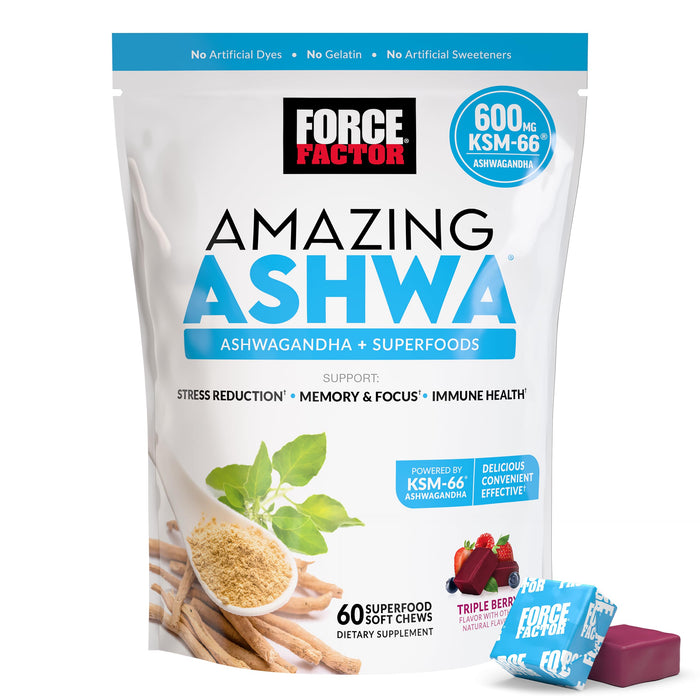 Force Factor Amazing Ashwa for Stress Relief, Memory, Focus, and Immune Support Health, Ashwaganda Supplement with KSM-66 Ashwagandha for Stress, 60 Soft Chews