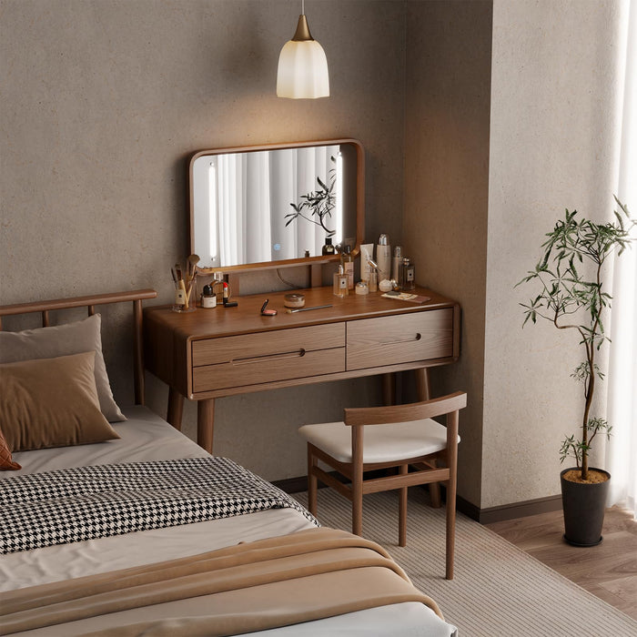 DONGMUWUJEE Solid Wood Vanity Desk with Mirror and Lights,Adjustable Height and Brightness, Makeup Vanity with 3 Drawers,Semi-Assembled,Dressing Table for Bedroom (Walnut)
