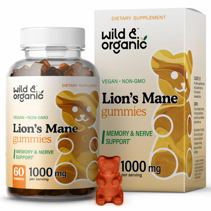 Wild & Organic Lions Mane Mushroom Gummies 1000mg - Natural Lion's Mane Mushroom Supplement Gummies - 60 Chews for Focus and Brain Energy Support - Vegan, Non-GMO