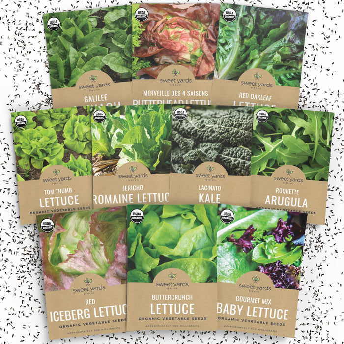 Sweet Yards Organic Lettuce & Greens Seeds Variety Pack - 10 Individual Packs - 2025 Season - Buttercrunch, Arugula, Romaine, Kale and More! for Indoor & Outdoor Planting (Non-GMO, Certified Organic)