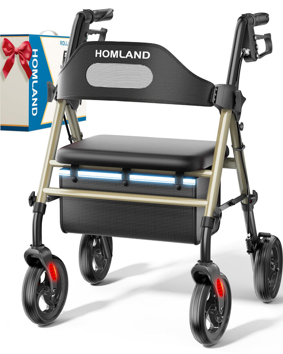 HOMLAND Foldable Rollator Walkers with Seat for Seniors, 8'' Big Wheels, 350 lb. Weight Capacity, Adjustable Handles and Seat Height, Lightweight Rolling Walker, Gold